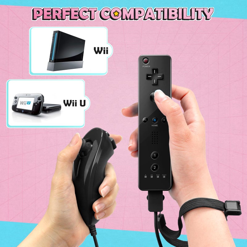 PGYFDAL Wii Controller 2 Pack, Wii Remote Controller and Nunchuck Joystick with Silicone Case and Wrist Strap for Holiday (Black and Pink) - Image 3